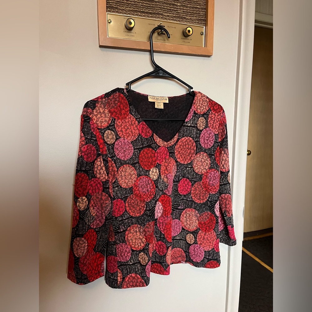 Notations Women's Top with Red and Pink Circle Design